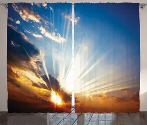 Оранжевая штора в деревенском стиле ABAKUHAUS, Солнечные лучи на фоне неба, присборенная штора из тесьмы для спальни с петлями и крючками, 280 x 245 см, цвет: оранжево-синий Abakuhaus