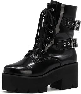 Женские ботильоны на платформе с высоким толстым каблуком, шнуровкой, круглым носком, застежкой-пряжкой и молнией, вестерн стиль, короткие JOEUSTY, Black/Patent Leather-Velvet Lined