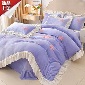 LUOLAI HOME Комплект постельного белья, 4 предмета, 180 см, простыня, цвет: светло-голубой с бабочками