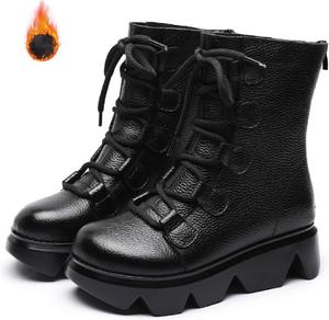 Женские ботильоны на шнуровке из натуральной кожи с задней молнией, модный круглый носок, износостойкая подошва с протектором, платформенные боевые ботинки, уличные зимние прогулочные сапоги LVOMU, Black-Velvet