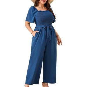 Женский джемпер oversize с широкими штанинами, летний, с квадратным вырезом и завязкой на талии Clearflower, Peacock Blue