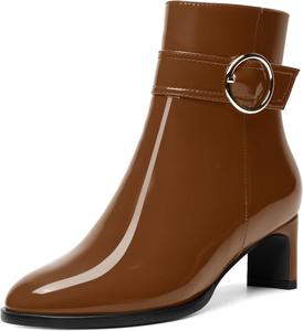 Женские ботильоны MODENCOCO с лакированной пряжкой, повседневные, для свадьбы, с молнией, с ремешком на щиколотке, с круглым носком, массивным низким каблуком 2 дюйма, Brown