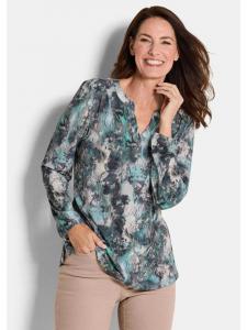 Блузка из джерси. Элегантная блузка-рубашка с V-образным вырезом в сине-зеленого цвета с узором. GOLDNER