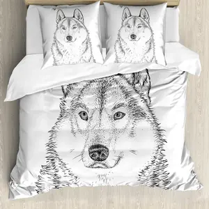 Пододеяльник ABAKUHAUS Animal, Woods Animal Wolf, с защитой от клещей, подходит для аллергиков, с наволочками, 200 см x 200 см - 80 x 80 см, черно-белый Abakuhaus
