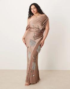 Платье макси из шифона и атласа ASOS DESIGN Curve с цветочным декором цвета мокко