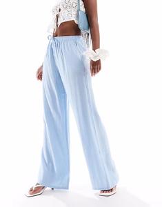 Брюки Stradivarius с эффектом льна, застегивающиеся на резинку, синего цвета