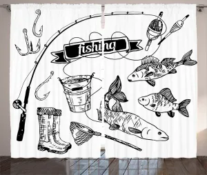 Штора ABAKUHAUS "Рыбы в деревенском стиле", нарисованные вручную животные, универсальная тесьма для гостиной с петлями и крючками, 280 x 245 см, цвет: белый/черный Abakuhaus