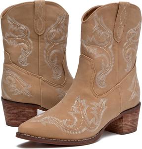 Женские ковбойские сапоги DADAWEN с вышивкой, квадратным носком, массивным каблуком, короткие ковбойские ботинки с широким голенищем, на молнии, Brown