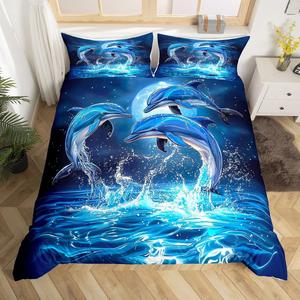 Erosebridal Комплект постельного белья Dolphin Bedding Set с 3D принтом дельфинов и морскими животными, ультрамягкий, Navy Blue