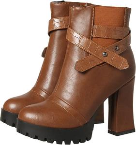 Женские ботильоны Uniquelly с высоким каблуком на платформе, круглым носком, боковой молнией и пряжкой, модная зимняя обувь, Brown