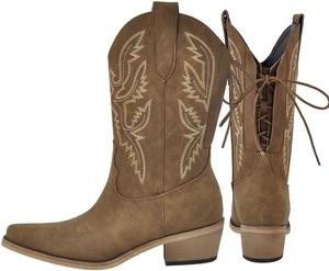 Женские ковбойские сапоги средней ширины с застежкой-шнуровкой и регулируемой шнуровкой MissHeel, Brown