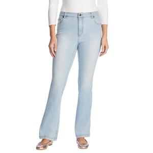 Женщина в женских эластичных джинсах размера плюс миниатюрного размера Bootcut Woman Within, цвет Light Wash Sanded