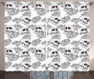 Штора ABAKUHAUS "Череп в деревенском стиле", "Букеты цветущих роз в стиле ретро", универсальная ленточная штора для гостиной с петлями и крючками, 280 x 225 см, цвет: антрацитовый, серый, белый Abakuhaus