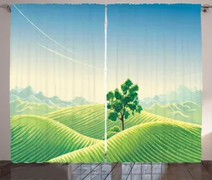 Шторы ABAKUHAUS Деревенский пейзаж, Деревня с деревьями и скалами, универсальные ленточные шторы для гостиной с петлями и крючками, 280 x 225 см, лаймово-зеленый, небесно-голубой Abakuhaus