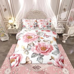 Erosebridal Комплект постельного белья Garden Flower Flying Butterflies с масляной живописью дикой природы и элегантным цветочным декором, Pink Grey White