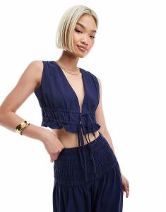 4th & Reckless льняной укороченный жилет с завязкой спереди, темно-синий