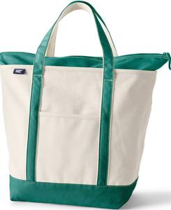 Большая холщовая сумка-тоут с пятью карманами и застежкой-молнией Lands' End, цвет natural/bright spruce