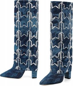 Джинсовые сапоги до колена с отворотом, широкая голень, массивный каблук MissHeel, Denim 3