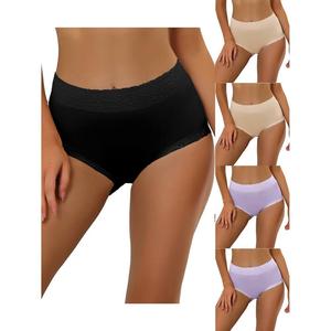 5 упаковок женского хлопкового нижнего белья с высокой посадкой и кружевной отделкой для контроля живота, полное покрытие, трусы Muti-color ALLEGRA K, Purple Bg Bk