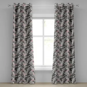 Шторы на люверсах ABAKUHAUS Фламинго, в стиле художественного рисунка, с изображением островной листвы, природных орхидей и пальмовых листьев, декоративные двухпанельные шторы, 280 см x 245 см, кораллово-черно-серый цвет