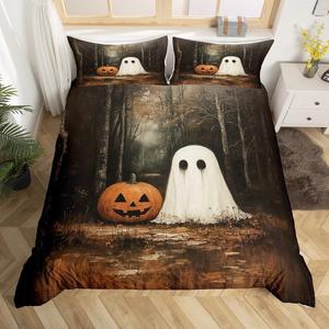 Erosebridal Комплект постельного белья Halloween Duvet Cover King Gothic Ghost Pumpkin в винтажном стиле масляной живописи, Grey White Brown