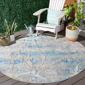 Ковер SAFAVIEH, 199 x 199 см, Barbados Collection, круглый, Ivory Blue & Green, абстрактный дизайн, для помещений и улицы, моющийся, идеально для патио, заднего двора, прихожей (BAR548A-7R)