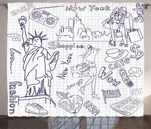 Шторы в деревенском стиле от ABAKUHAUS Sketch Art, Doodle Shopping в Нью-Йорке, универсальные ленточные шторы для гостиной с петлями и крючками, 280 x 225 см, темно-фиолетовый с белым Abakuhaus