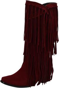 Женские сапоги IWIHMIV в западном стиле ковбой с широким голенищем, кисточками, высоким голенищем, заостренным носком, массивным каблуком, модные ретро высокие сапоги, Red