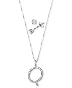 Комплект из двух кулонов с инициалами из кубического циркония и серег-гвоздиков с солитером из стерлингового серебра, созданный для Macy's. Giani Bernini, q