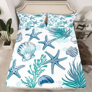 Erosebridal Прилегающая простыня Coastal Full с морским принтом в морской тематике, детский дизайн с морскими звездами и водорослями, глубокий карман, Blue Teal