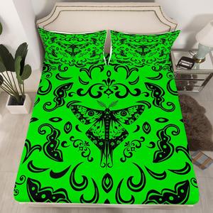 Erosebridal Комплект постельного белья Moth Gothic с принтом смерти мотылька и черепа в стиле готического барокко, лаймово-зеленый и черный, Lime Green