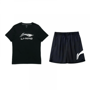 LiNing Повседневная спортивная одежда унисекс, clothing sets[черный cultural shirt+черный shorts]