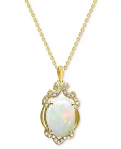 Выращенный в лаборатории опал 14x10 мм, белый сапфир 1/3 карата, выращенный в лаборатории, подвеска овальной формы из стерлингового серебра с покрытием из 14-каратного золота. Macy'S, opal