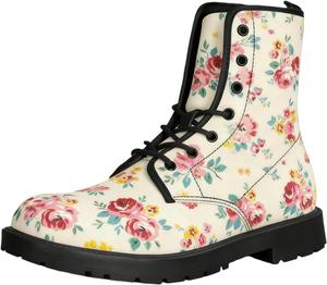 Женские короткие ботинки с принтом на шнуровке, с широким каблуком, боевые ботильоны для девушек и женщин, осенние и зимние, с рисунком роз, черепов, бабочек и мультяшных узоров Maimeili, Flower Beige