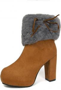 Женские зимние ботинки FAIRSOMA с высокой каблуком, подкладкой из искусственного меха, замшевые, с боковой молнией, теплые уличные короткие ботинки на низком каблуке с закругленным носком, противоскользящие, для торжеств и повседневной носки, Brown