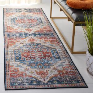 Ковер SAFAVIEH, 77 x 488 см, моющийся, коллекция Tucson - ковер-дорожка, Blue & Rust, противоскользящий, идеален для помещений с высокой проходимостью: гостиная, коридор, прихожая, спальня (TSN116M-216)