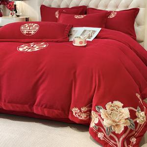 FUANNA Комплект постельного белья 4 предмета, размер 200 см, ткань: утолщенный молочный вельвет, вышивка, цвет Rose Love Affair