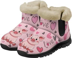 Мультяшные зимние ботинки для женщин, утепленные домашние сапожки на меху, ботильоны с искусственным мехом, теплые зимние ботинки Chririnla, Pink Pig Love Hears