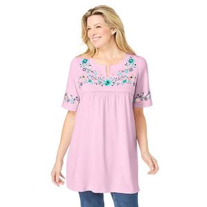 Туника с вышивкой и разрезом на горловине Plus size Woman Within, Pink Floral Embroidery