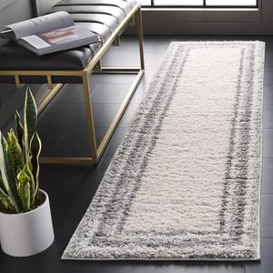 Ковер-дорожка SAFAVIEH, 67 x 244 см,  Border & Stripe Shag Collection, Ivory & Grey, современный дизайн, плюшевый ворс, идеально подходит для помещений с высокой проходимостью: гостиная, спальня, столовая (BSP251F-28)