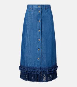Юбка миди из денима с бахромой Valentino, Medium Blue Denim