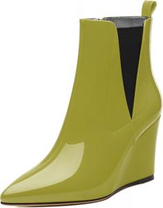 Женские ботильоны, с острым носком на высокой танкетке, короткие сапожки с боковой молнией и эластичной вставкой, высота каблука 3,3 дюйма MISEZOXI, Yellow Green Patent
