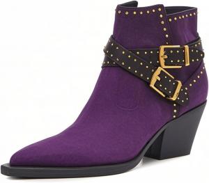 Женские ботильоны FOWT с заостренным носком, на щиколотку, с массивным каблуком средний блок, ботинки Челси с заклепками, модная обувь на все сезоны, размеры 4-16 US, Purple Suede