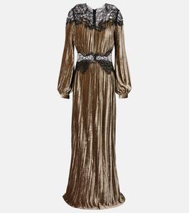 Платье из плиссированного бархата с кружевной отделкой Senna Costarellos, Anthracite