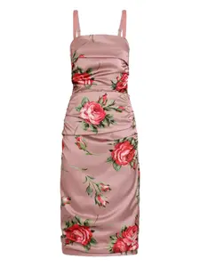Платье миди с цветочным принтом и сборками DOLCE & GABBANA, розовый