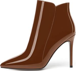 Женские ботильоны MERRORI на молнии с острым носком, однотонные, повседневные, для свиданий, с лаковой отделкой, на шпильке, высоким каблуком 10 см, Brown