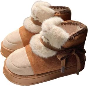 Женские зимние сапоги ZQW с плюшевой подкладкой, круглый носок, толстая подошва, шнуровка, средняя длина, снегоступы, противоскользящие, теплые, мягкие, удобные, с хлопковой изоляцией, Brown&White