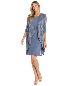 Женский комплект из 2-х предметов: жакет на запах с металлическим принтом и платье с круглым вырезом и воротником-цепочкой R & M Richards, синий