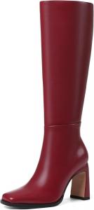Женские высокие сапоги до колена с широкой голенью, квадратным носком и массивным каблуком, кожаные высокие сапоги, модные осенние и зимние длинные ботильоны Phefarer, Burgundy