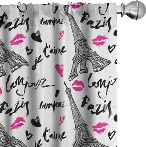 Шторы ABAKUHAUS Paris, Эйфелева башня с помадой, поцелуй в форме сердца, цитата Любовь, туристическая архитектура, 2 штуки, 75 x 245 см, цвет: черный, белый, розовый Abakuhaus